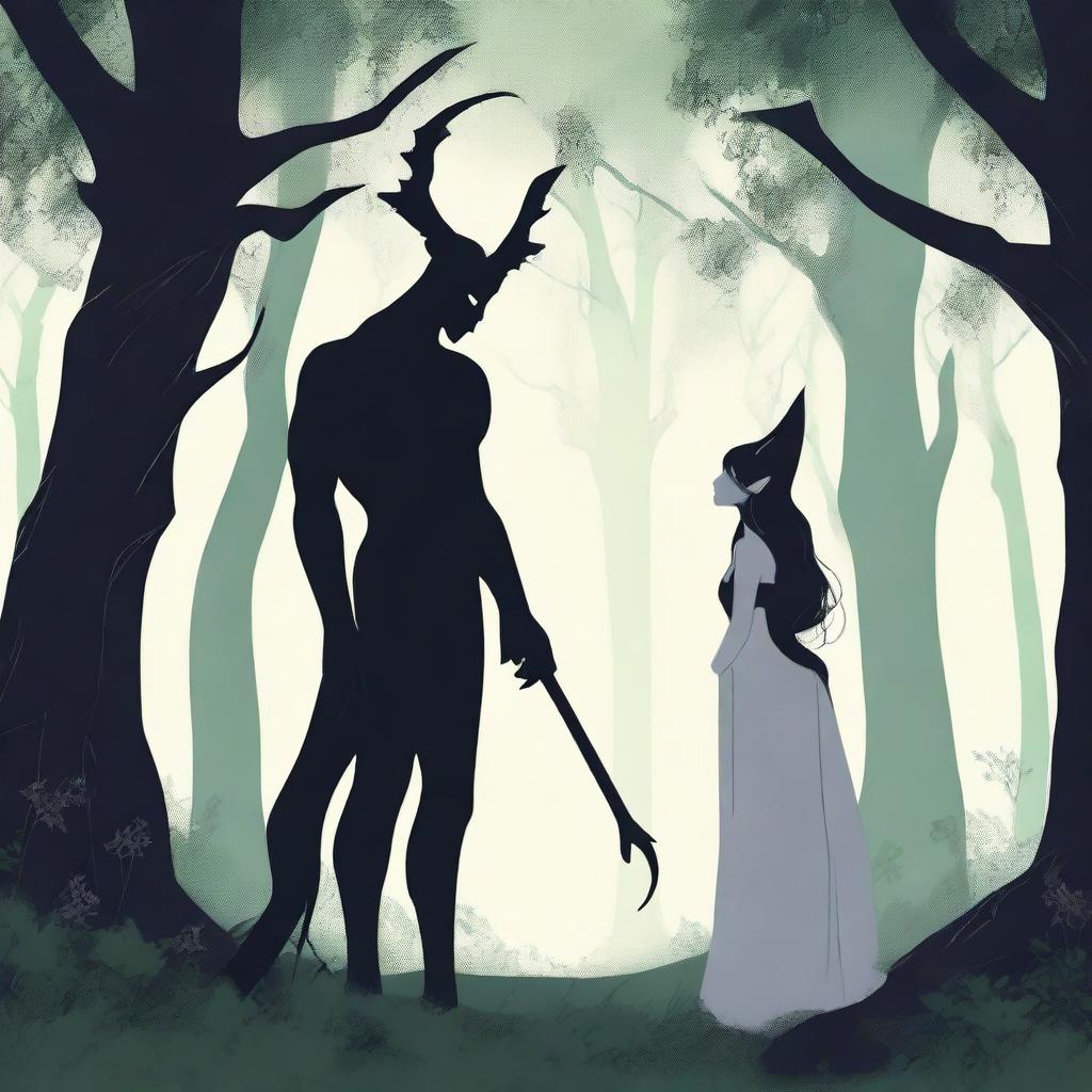 A forbidden love scene between a male demon in human form, with only his horns visible, standing 6 feet tall, and a female witch who is 5 feet tall