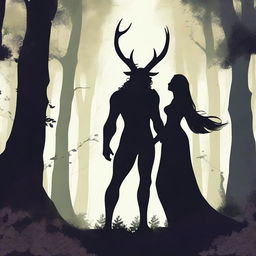 A forbidden love scene between a male demon in human form, with only his horns visible, standing 6 feet tall, and a female witch who is 5 feet tall