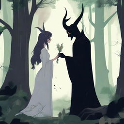 A forbidden love scene between a male demon in human form, with only his horns visible, standing 6 feet tall, and a female witch who is 5 feet tall