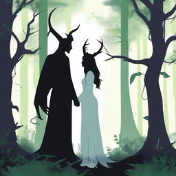 A forbidden love scene between a male demon in human form, with only his horns visible, standing 6 feet tall, and a female witch who is 5 feet tall