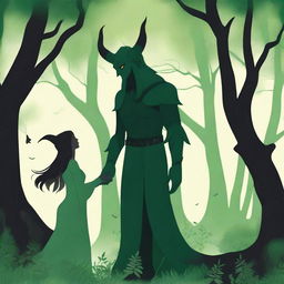 A forbidden love scene between a male demon in human form, who is 6 feet tall with small horns and no cloak, and a female witch who is 5 feet tall and wearing green