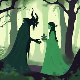 A forbidden love scene between a male demon in human form, who is 6 feet tall with small horns and no cloak, and a female witch who is 5 feet tall and wearing green