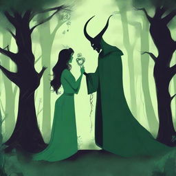 A forbidden love scene between a male demon in human form, who is 6 feet tall with small horns and no cloak, and a female witch who is 5 feet tall and wearing green