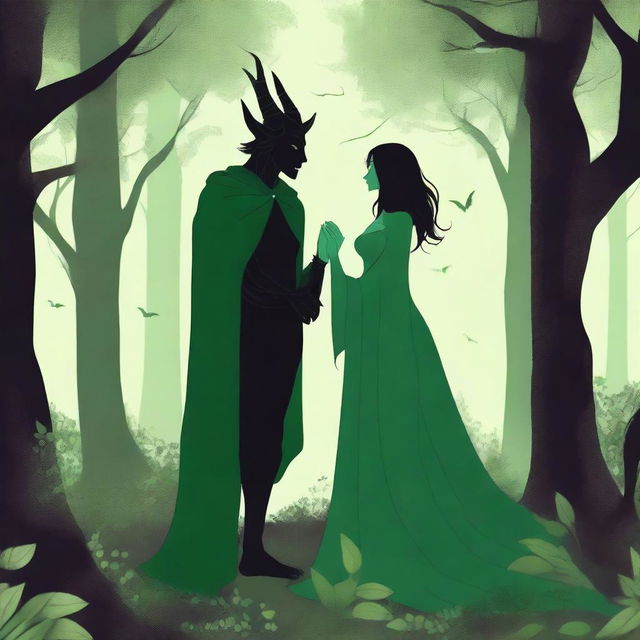 A forbidden love scene between a male demon in human form, who is 6 feet tall with small horns and no cloak, and a female witch who is 5 feet tall and wearing green