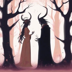 A scene depicting forbidden love between a male demon in human form with small horns and a female witch with magical abilities