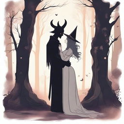 A scene depicting forbidden love between a male demon in human form with small horns and a female witch with magical abilities