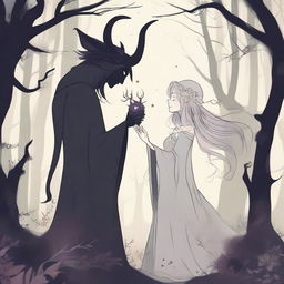 A scene depicting forbidden love between a male demon in human form with small horns and a female witch with magical abilities