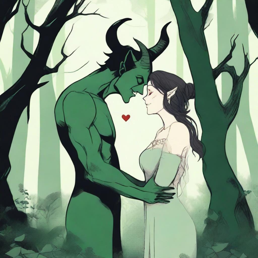 A scene depicting forbidden love between a male demon in human form with small horns and a female witch