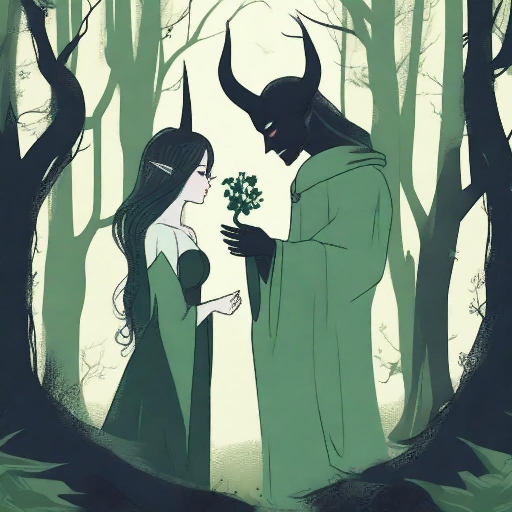 A scene depicting forbidden love between a male demon in human form with small horns and a female witch