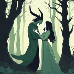 A scene depicting forbidden love between a male demon in human form with small horns and a female witch