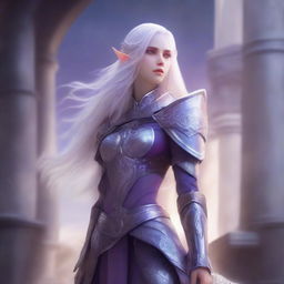 A tall, purple-skinned elf soldier with long white hair and pale grey eyes