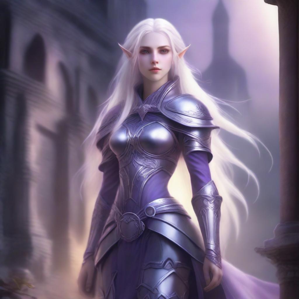 A tall, purple-skinned elf soldier with long white hair and pale grey eyes