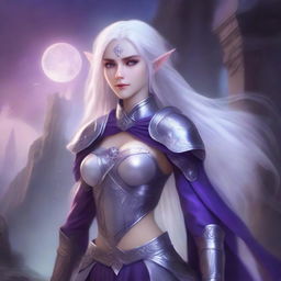 A tall, purple-skinned elf soldier with long white hair and pale grey eyes