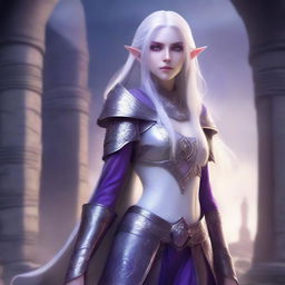 A tall, purple-skinned elf soldier with long white hair and pale grey eyes