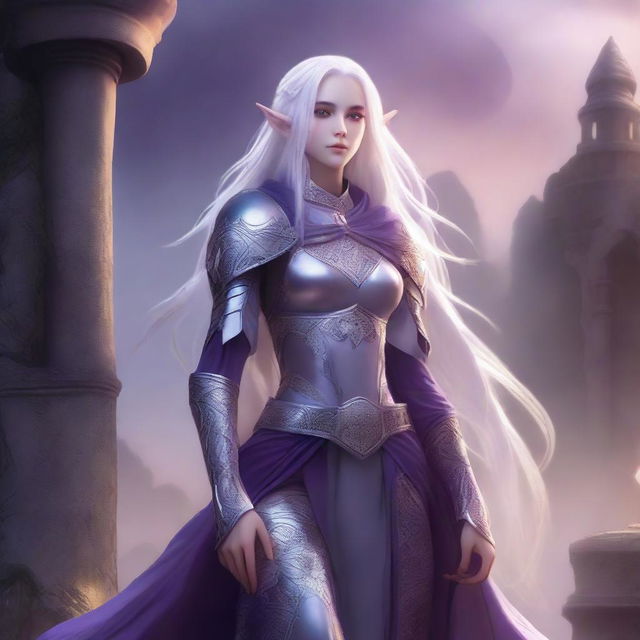 A tall, purple-skinned elf soldier with long white hair and pale grey eyes