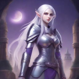 A tall, purple-skinned elf soldier with long white hair and pale grey eyes