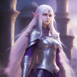 A tall, purple-skinned elf soldier with long white hair and pale grey eyes