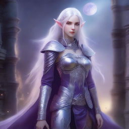 A tall, purple-skinned elf soldier with long white hair and pale grey eyes