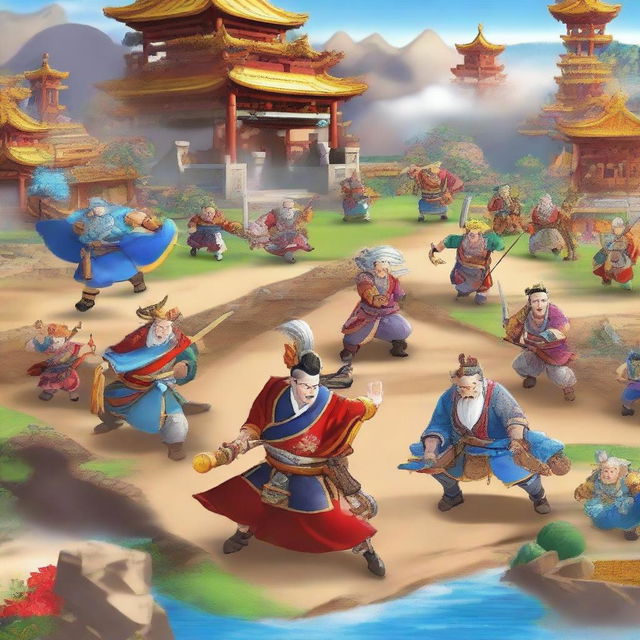 A vibrant and dynamic scene from the mobile game '长风传奇', featuring characters in an epic battle with fantastical elements