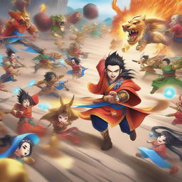 A vibrant and dynamic scene from the mobile game '长风传奇', featuring characters in an epic battle with fantastical elements