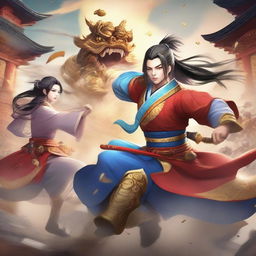 A vibrant and dynamic scene from the mobile game '长风传奇', featuring characters in an epic battle with fantastical elements