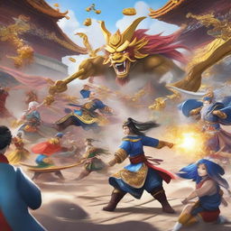 A vibrant and dynamic scene from the mobile game '长风传奇', featuring characters in an epic battle with fantastical elements