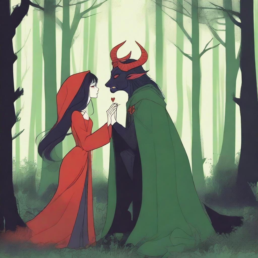 A scene depicting forbidden love between a male demon in human form with small horns and a red complexion, and a female witch with a pale complexion