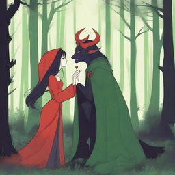 A scene depicting forbidden love between a male demon in human form with small horns and a red complexion, and a female witch with a pale complexion