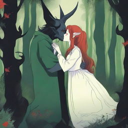 A scene depicting forbidden love between a male demon in human form with small horns and a red complexion, and a female witch with a pale complexion