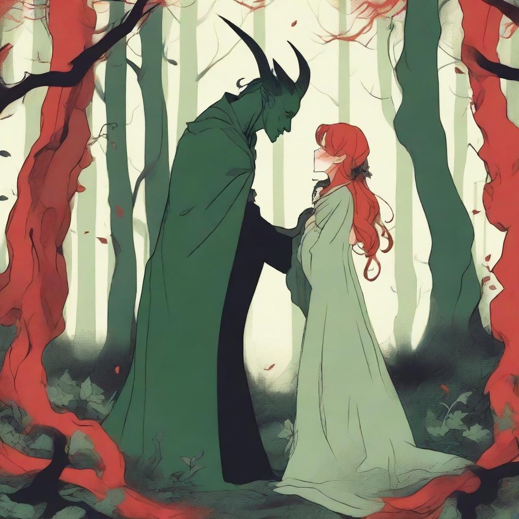 A scene depicting forbidden love between a male demon in human form with small horns and a red complexion, and a female witch with a pale complexion