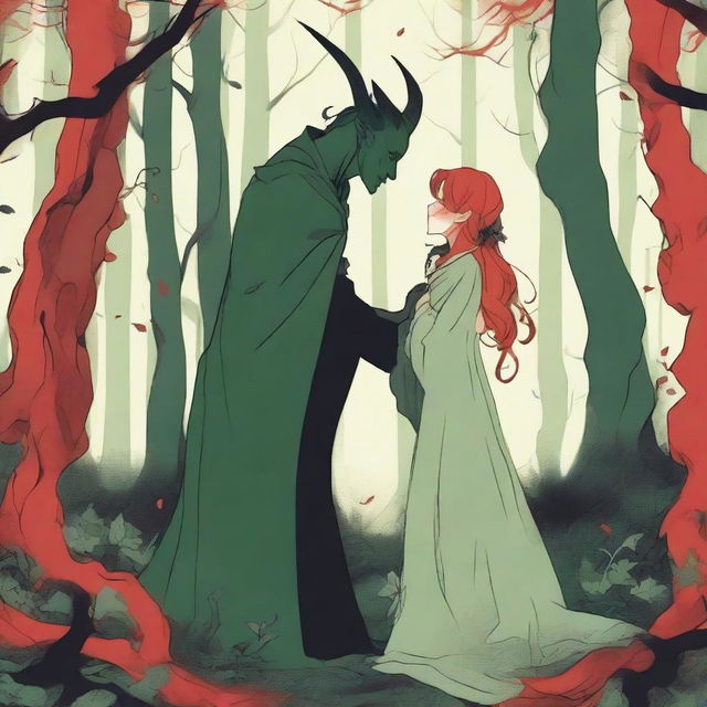 A scene depicting forbidden love between a male demon in human form with small horns and a red complexion, and a female witch with a pale complexion