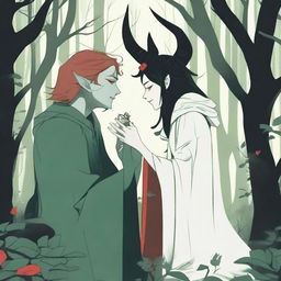 A scene depicting forbidden love between a male demon in human form with small horns and a red complexion, and a female witch with a pale complexion