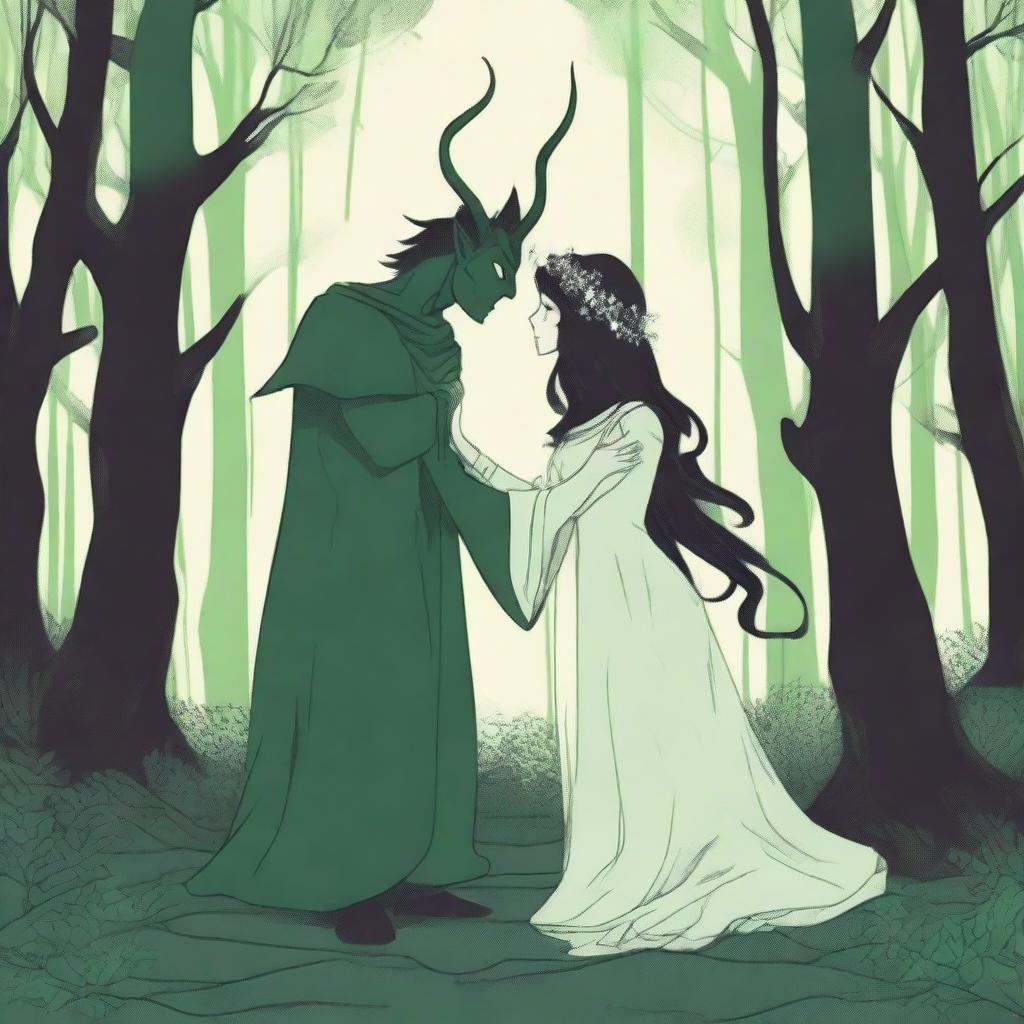 A scene depicting forbidden love between a male demon in human form with small horns and a female witch