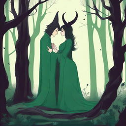 A scene depicting forbidden love between a male demon in human form with small horns and a female witch