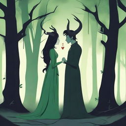 A scene depicting forbidden love between a male demon in human form with small horns and a female witch