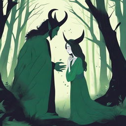 A scene depicting forbidden love between a male demon in human form with small horns and a female witch