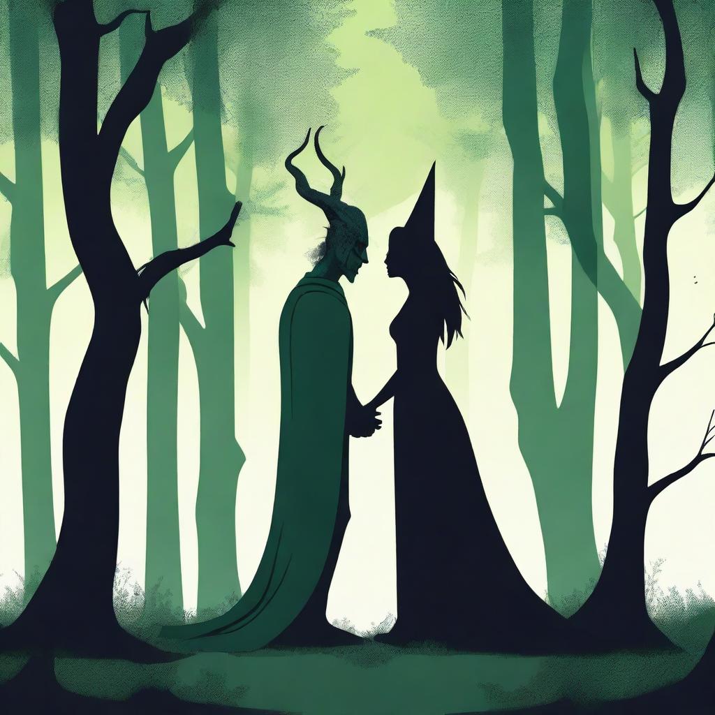 A scene depicting forbidden love between a male demon in human form with small horns, standing 6 feet tall and wearing human clothes, and a female witch who is 5 feet tall, wearing black clothes and having no horns