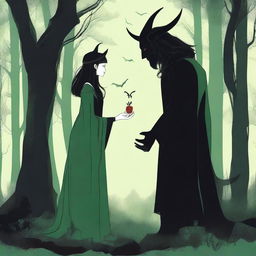 A scene depicting forbidden love between a male demon in human form with small horns, standing 6 feet tall and wearing human clothes, and a female witch who is 5 feet tall, wearing black clothes and having no horns