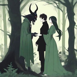 A scene depicting the complex relationship of forbidden love and enemies-to-lovers between a male demon in human form with small horns, standing 6 feet tall and wearing human clothes, and a female witch who is 5 feet tall, wearing black clothes and having no horns