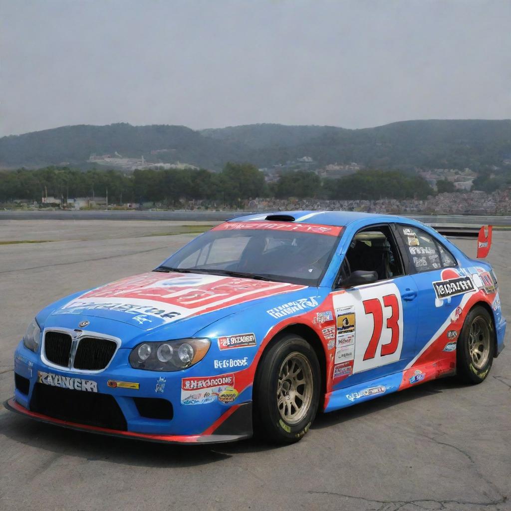 A Lancia car reincarnated in NASCAR style, flaunting vibrant colors, racing specifications, and bedecked with various sponsor logos.