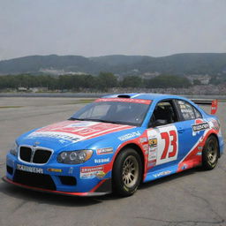 A Lancia car reincarnated in NASCAR style, flaunting vibrant colors, racing specifications, and bedecked with various sponsor logos.