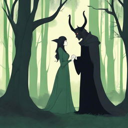 A scene depicting the complex relationship of forbidden love and enemies-to-lovers between a male demon in human form with small horns, standing 6 feet tall and wearing human clothes, and a female witch who is 5 feet tall, wearing black clothes and having no horns