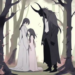 A scene depicting enemies who end up falling in love: a tall male demon in human form with small horns, wearing normal clothing, and a small female witch with no horns