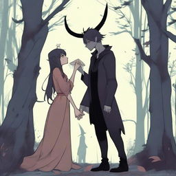 A scene depicting enemies who end up falling in love: a tall male demon in human form with small horns, wearing normal clothing, and a small female witch with no horns