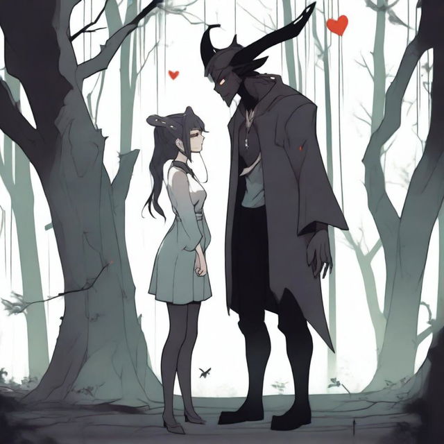 A scene depicting enemies who end up falling in love: a tall male demon in human form with small horns, wearing normal clothing, and a small female witch with no horns