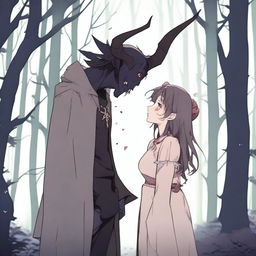 A scene depicting enemies who end up falling in love: a tall male demon in human form with small horns, wearing normal clothing, and a small female witch with no horns