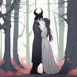 A scene depicting forbidden love between a tall male demon in human form with small horns, wearing normal clothing, and a small female witch with no horns