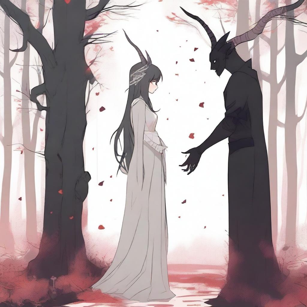 A scene depicting forbidden love between a tall male demon in human form with small horns, wearing normal clothing, and a small female witch with no horns