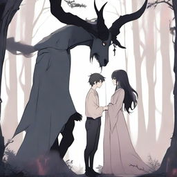 A scene depicting forbidden love between a tall male demon in human form with small horns, wearing normal clothing, and a small female witch with no horns