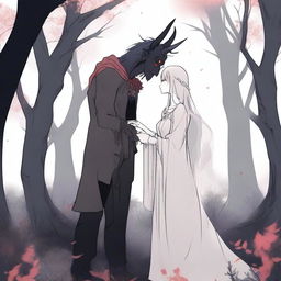 A scene depicting forbidden love between a tall male demon in human form with small horns, wearing normal clothing, and a small female witch with no horns